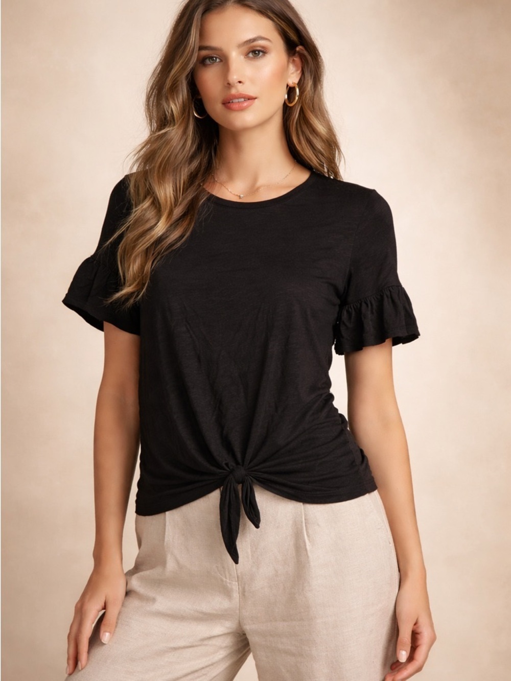Annabelle Black Knot-Front Ruffle Sleeve Tee